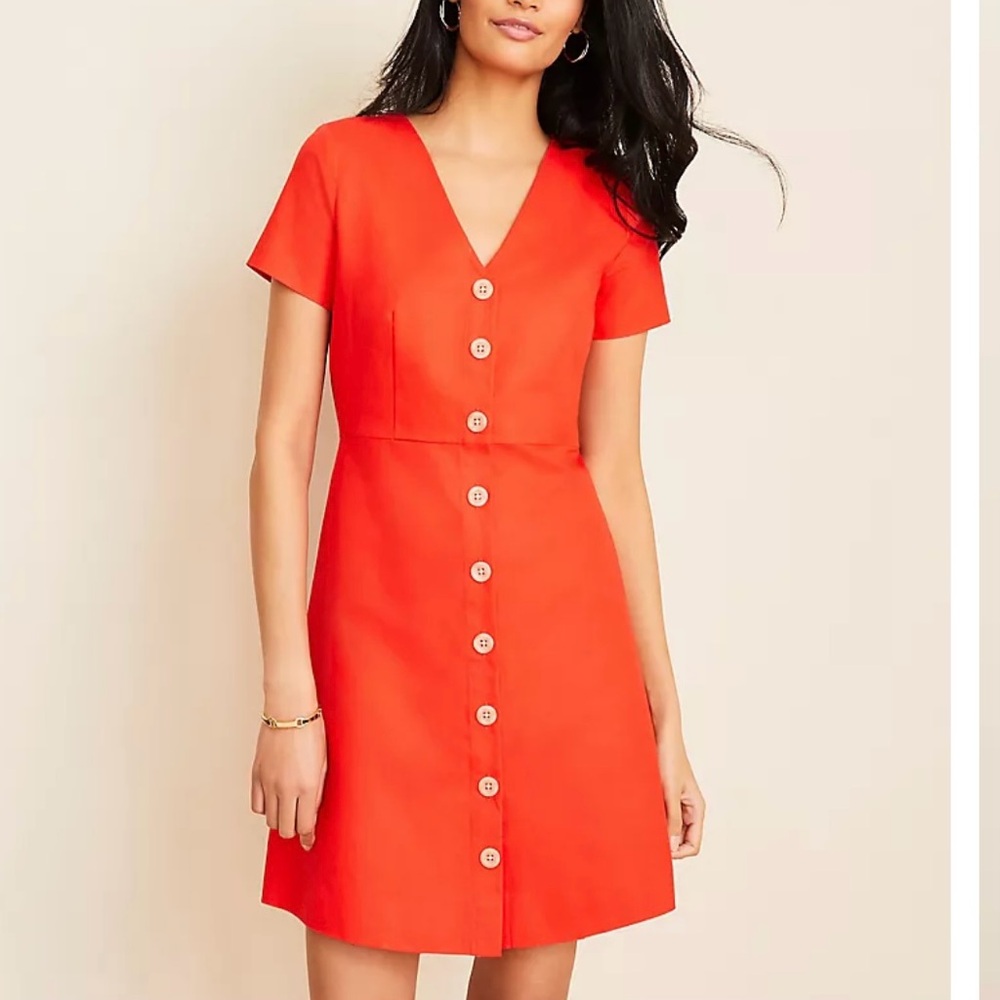Ann Taylor Deep Orange Cotton Linen Button Front Flare Dress 12 Petite